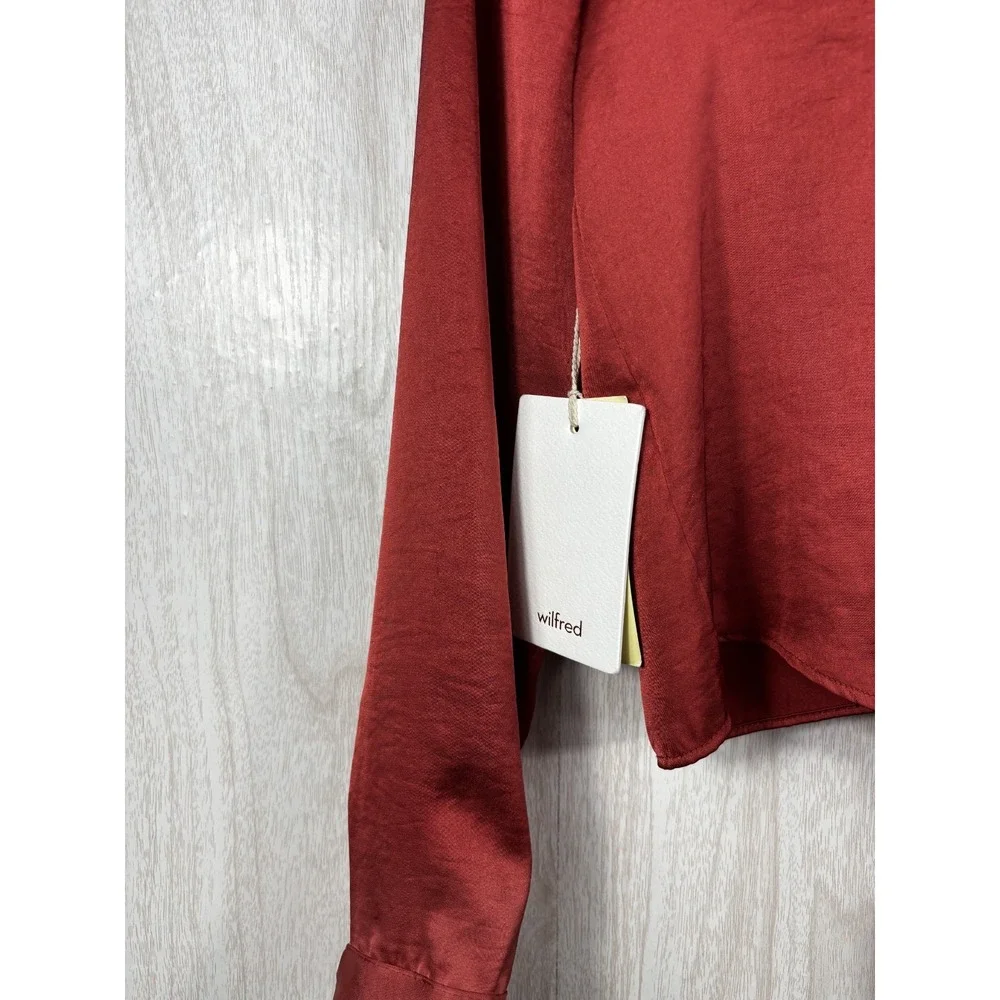 Wilfred Aritzia XS Rust Satin Tie Front Blouse Long Sleeve NWT Chic - Picture 7 of 9